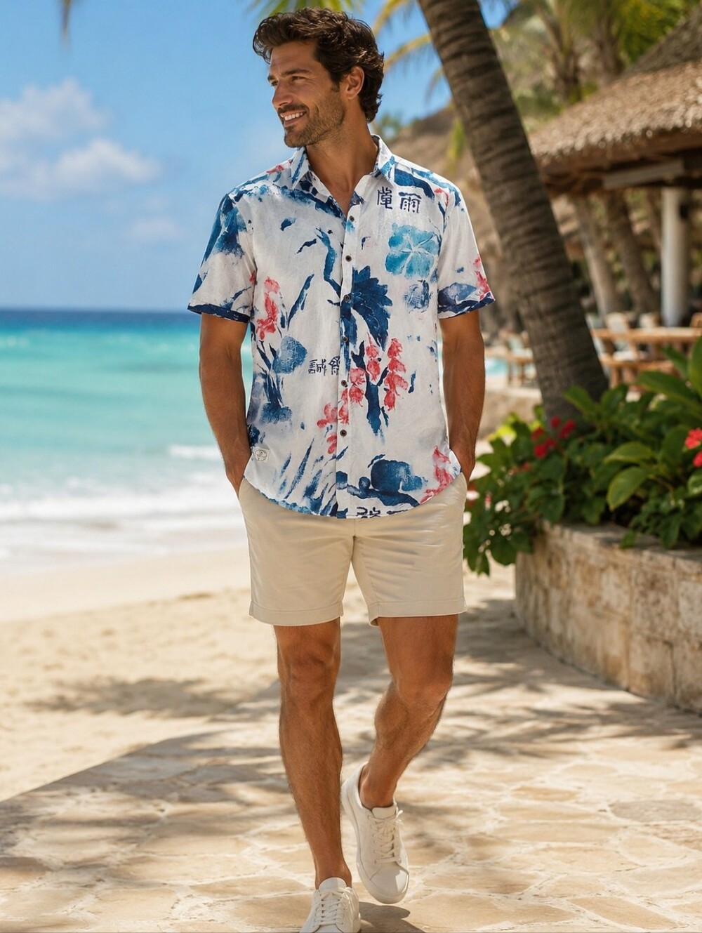 7 Diamonds Blue Hawaii Short-Sleeve Button-Down with Blue & Pink Floral Print
